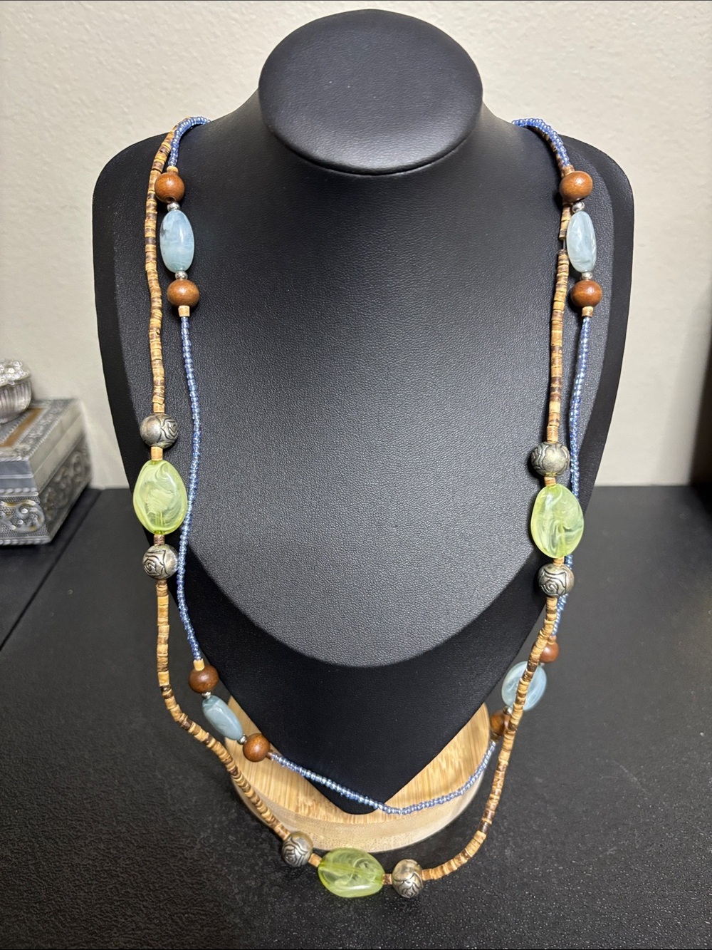 Handcrafted Boho Wood Muti Media Blue and Green Beaded Layered Necklace